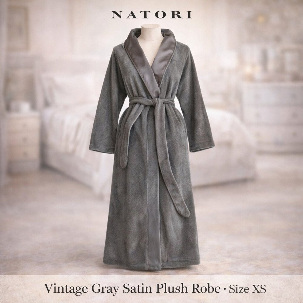 Vintage Natori Gray, Satin, Plush, Full Length Robe- XS